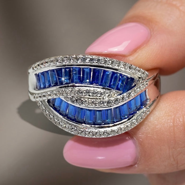 Sterling Silver Emerald Cut Blue Spinel Twisted Band Ring-ER-152