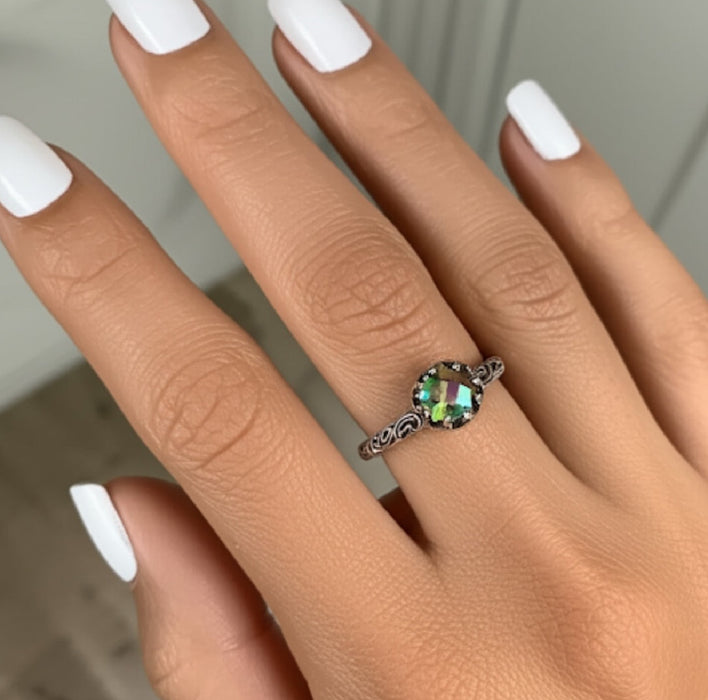 Sterling Silver Floral Rainbow Topaz CZ Ring-AE-79