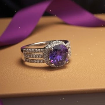 Sterling Silver Elegant Round Halo Amethiyst CZ Rring-CL-30