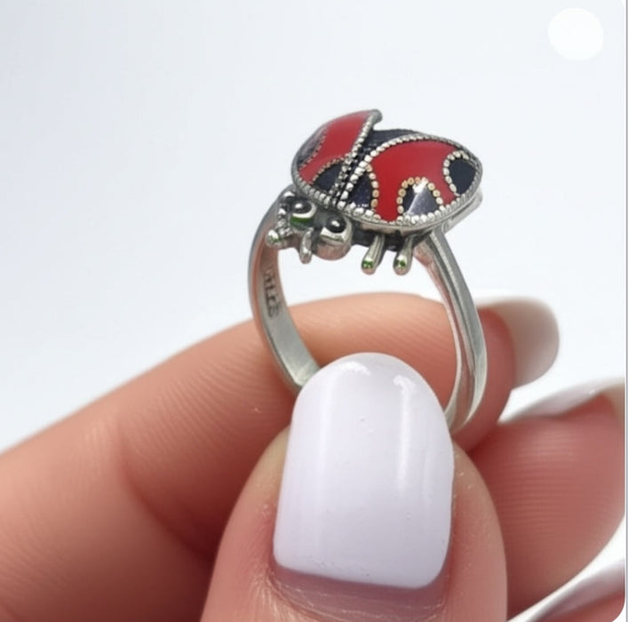 Sterling Silver Black Onyx and Enamel Ladybug Marcasite Ring-AE-46