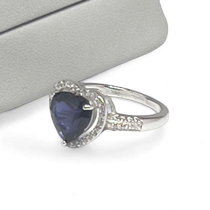 Sterling Silver Blue Sapphire Heart Halo CZ Ring -AE-49