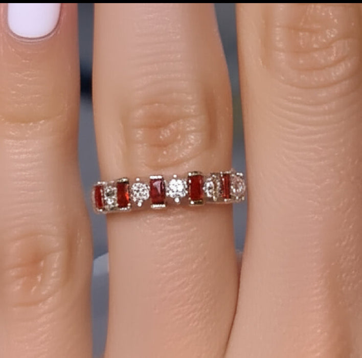 Sterling Silver Round & Baguette Garnet CZ Ring -AE-27