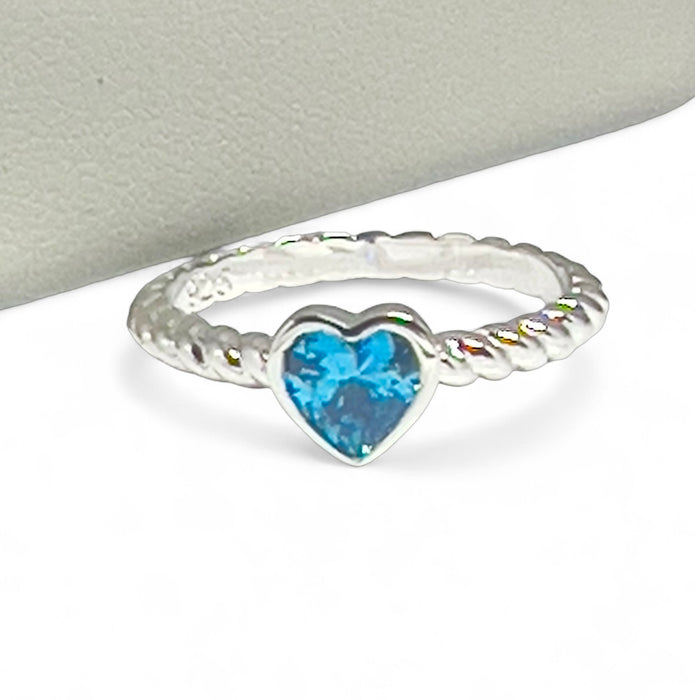 Sterling Silver Heart Blue Topaz CZ Ring-AE-77
