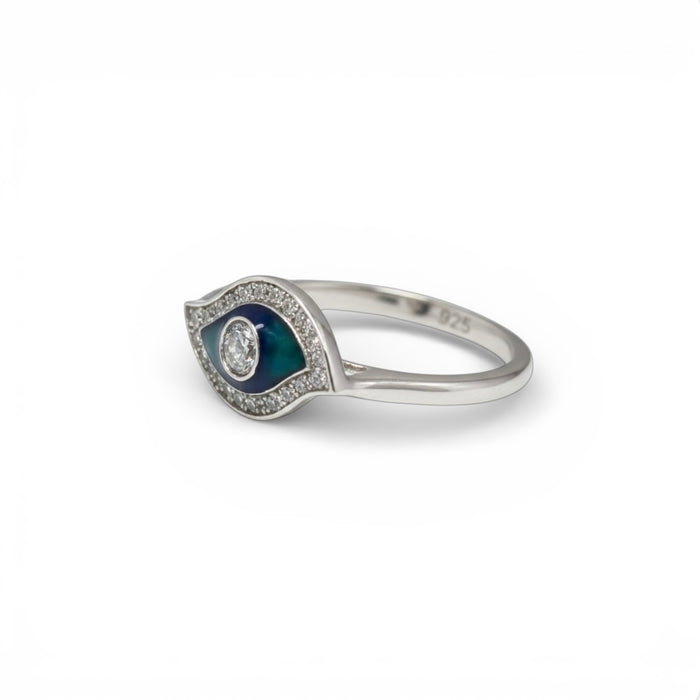 Sterling Silver Hand-Painted Multi-Colored Evil Eye with Clear CZ Ring -AE-94
