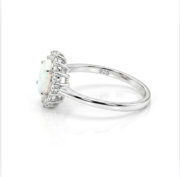 Sterling Silver Oval White Lab Opal CZ Ring-AE-37