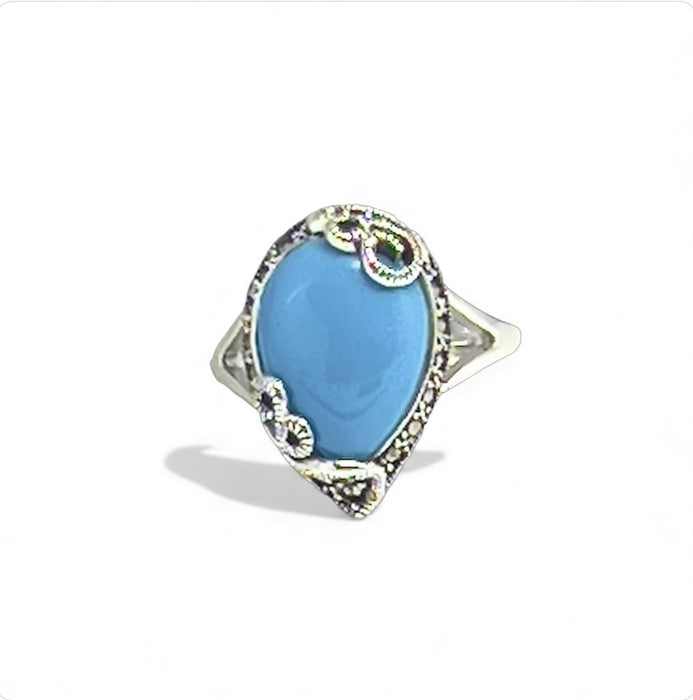 Sterling Silver Pear Shape Simulated Turquoise Marcasite Ring-AE-88