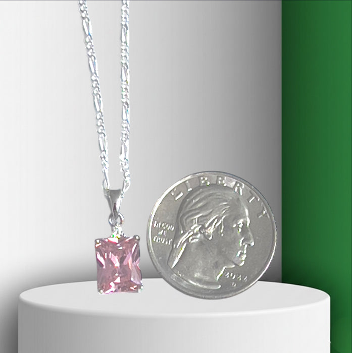 Sterling Silver Rectangular Pink CZ Necklace-SN-15