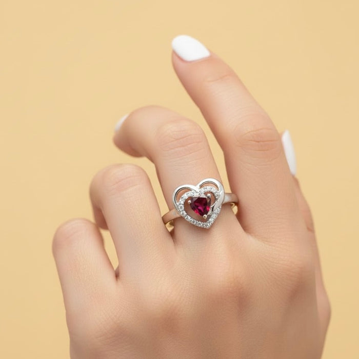 Sterling Silver Precious Heart Garnet CZ Ring-AE-55