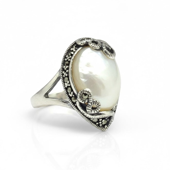 Sterling Silver Pear Shape Mother of Pearl Marcasite Ring-AE-89