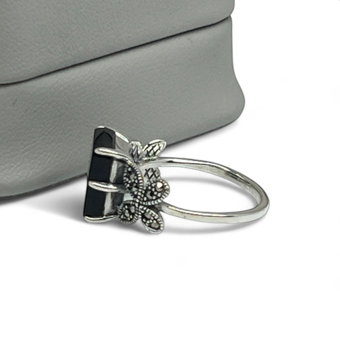 Sterling Silver Black Onyx Square Butterfly Marcasite Ring-AE-58