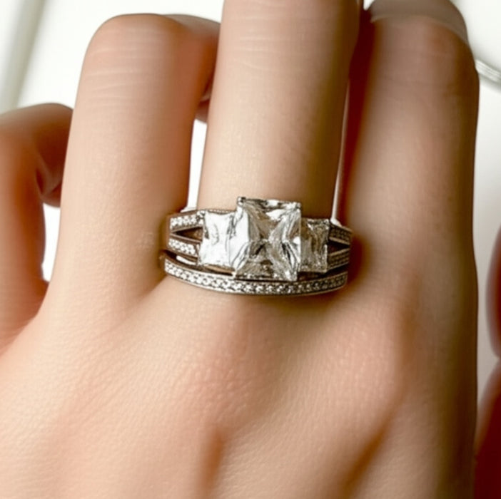Sterling Silver Triple Square CZ Engagement Set Ring-ER-106