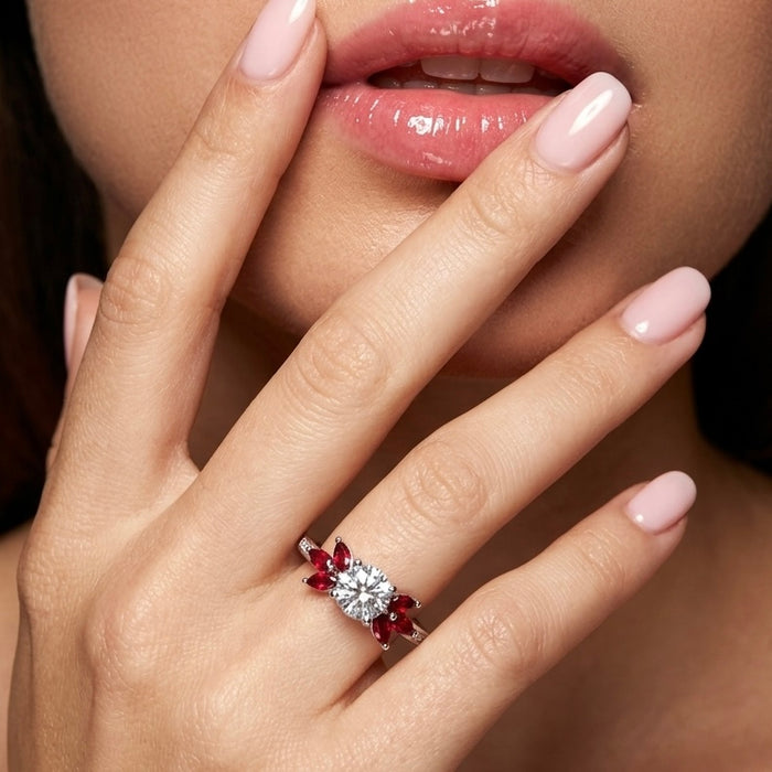 Sterling Silver Flower Leaves Ruby Clear CZ Ring-AE-39