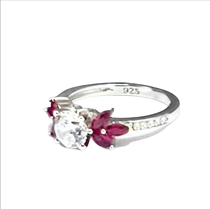 Sterling Silver Flower Leaves Ruby Clear CZ Ring-AE-39