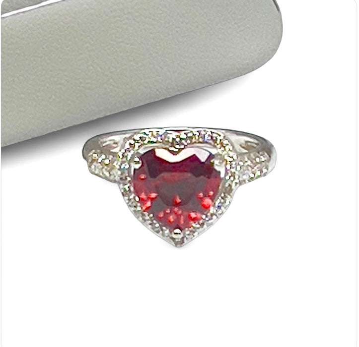 Sterling Silver Garnet Heart Halo CZ Ring-AE-13