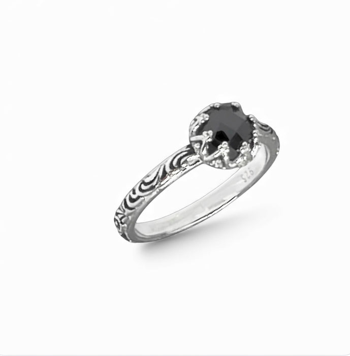 Sterling Silver Floral Black CZ Ring-AE-76