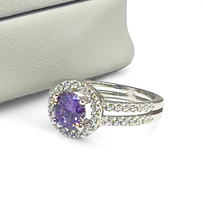 Sterling Silver Round Amethyst Halo CZ Ring-AE-107
