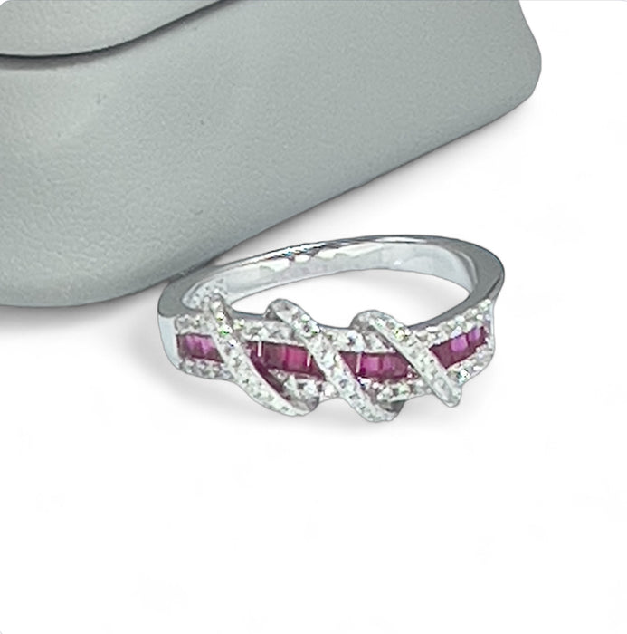 Sterling Silver Elegant Twisted Ruby & Clear CZ Ring-AE-63