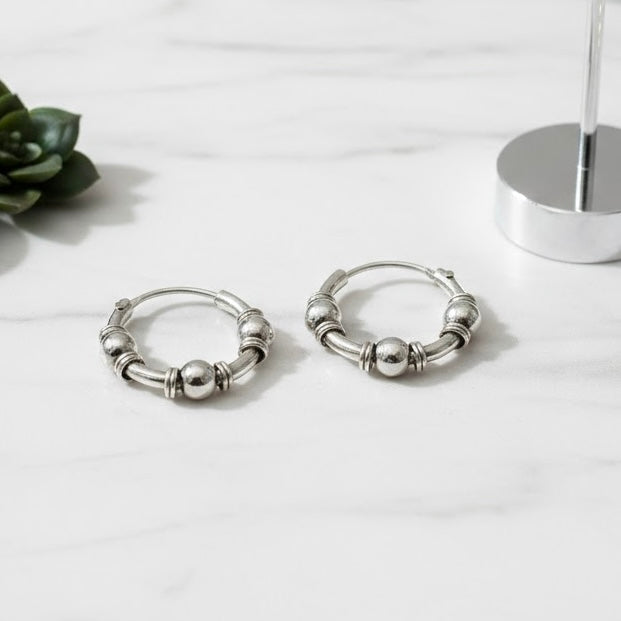 Sterling Silve 3mm x 12mm Bali Hoop Earring-SET-56