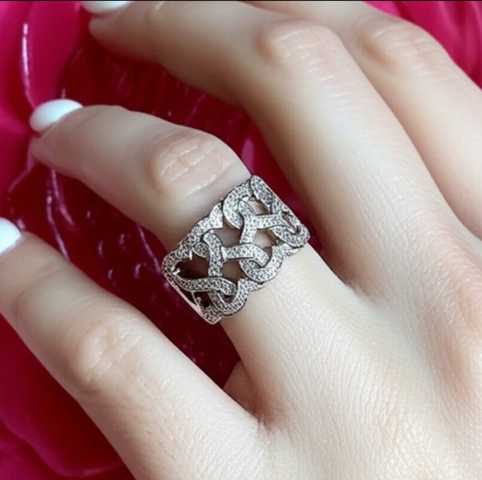 Sterling Silver Intertwined Hearts Pave CZ Ring-AE-36