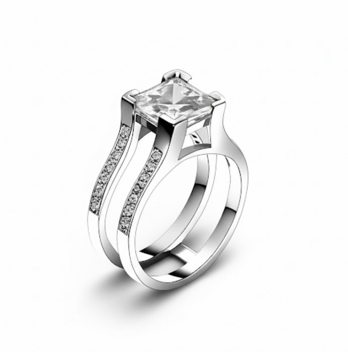 Sterling Silver Princess-Cut 2-Piece CZ Engagement Ring-ER-107