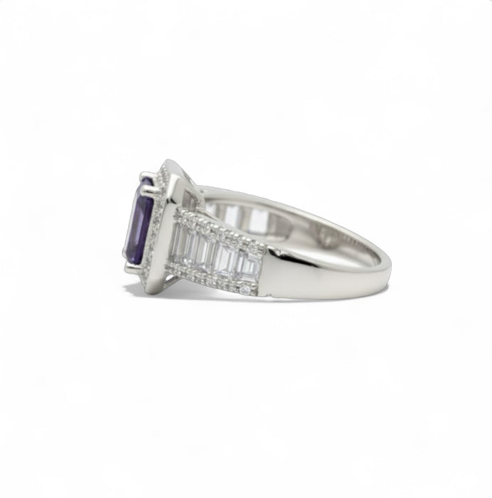 Sterling Silver Emerald Cut Amethyst Clear CZ Ring-AE-73