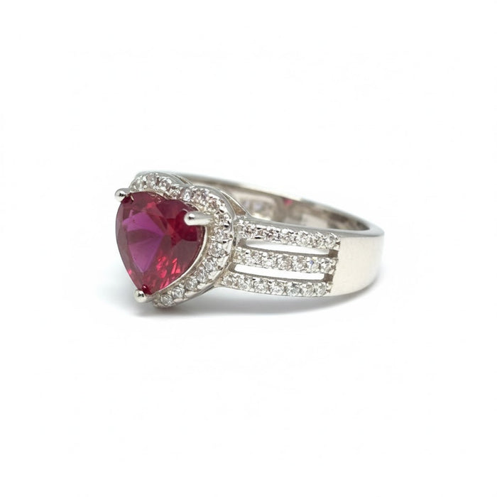 Sterling Silver Ruby Heart CZ Ring-AE-10