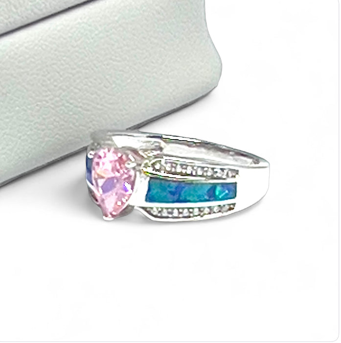 Sterling Silver Brilliant Blue Lab Opal & Pink Pear Cut & Clear CZ Ring  -AE-33