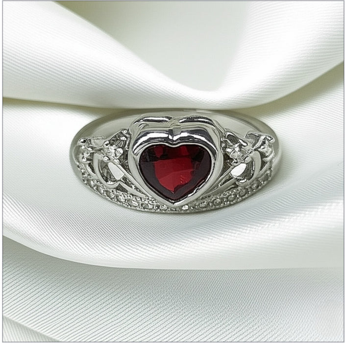 Sterling Silver Ring with Heart Crown Design and Garnet Cubic Zirconia-AE-28