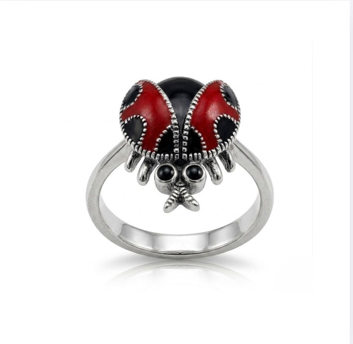 Sterling Silver Black Onyx and Enamel Ladybug Marcasite Ring-AE-46