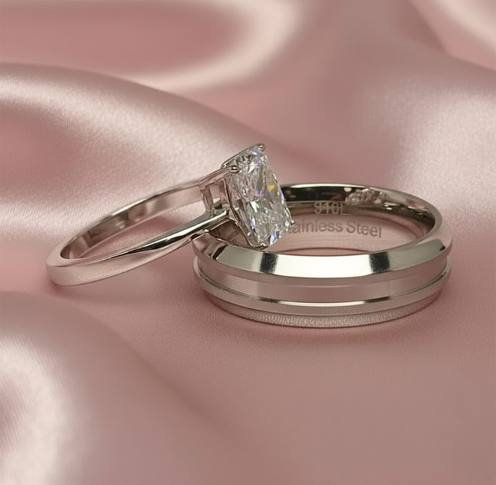 Wedding Band Stainless Steel Him & Sterling Silver Her -LR-02