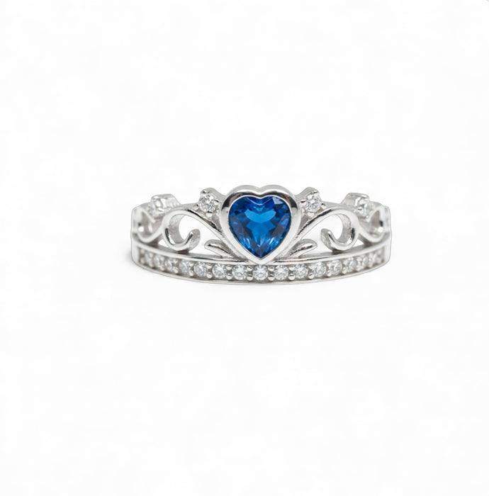 Silver Crown Heart Blue Sapphire CZ Ring-AE-81