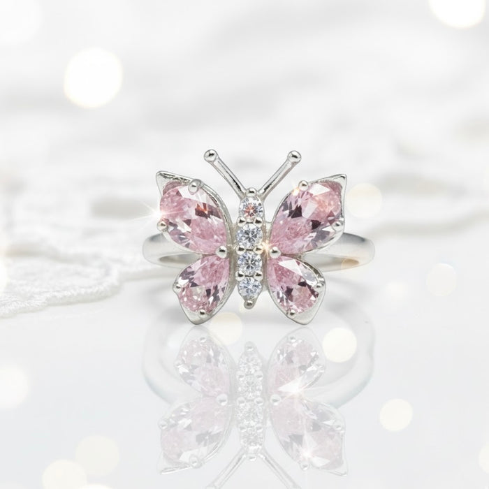 Sterling Silver Large Pink CZ Butterfly Ring-AE-99