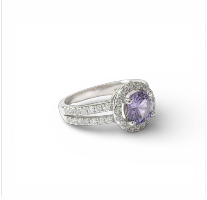 Sterling Silver Round Amethyst Halo CZ Ring-AE-107