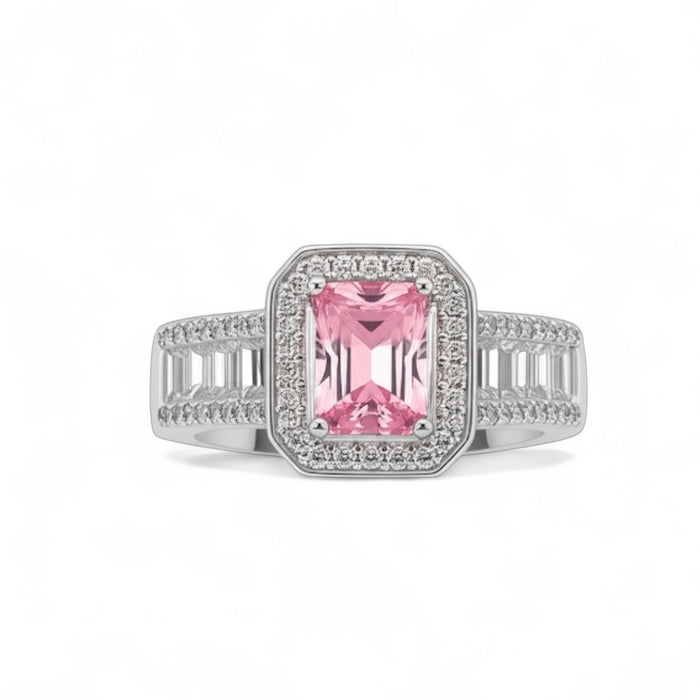 Sterling Silver Emerald Cut Pink Clear CZ Ring-AE-72