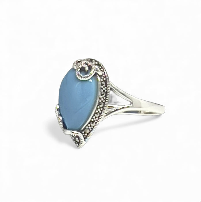 Sterling Silver Pear Shape Simulated Turquoise Marcasite Ring-AE-88