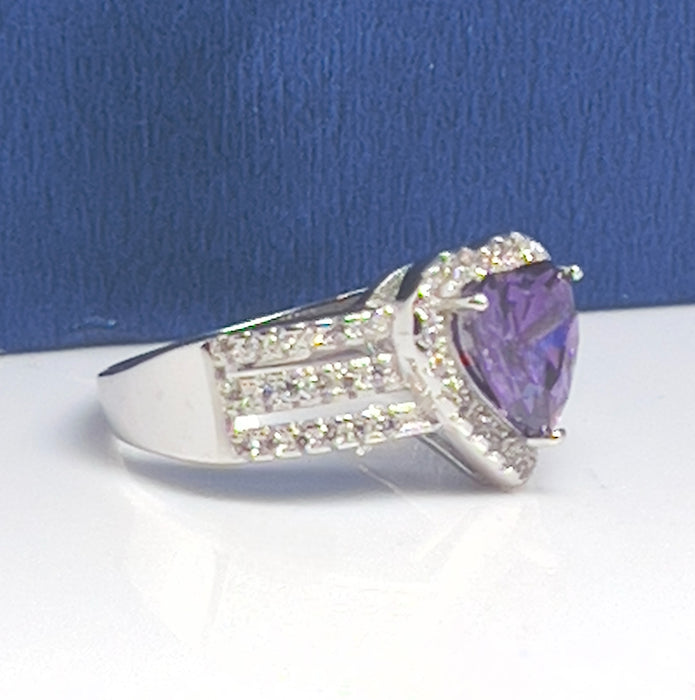 Sterling Silver Amethyst Heart CZ Ring-CL-29