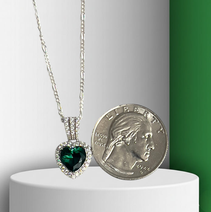 Sterling Silver Emerald Big Heart CZ Pendant Necklace-SN-21