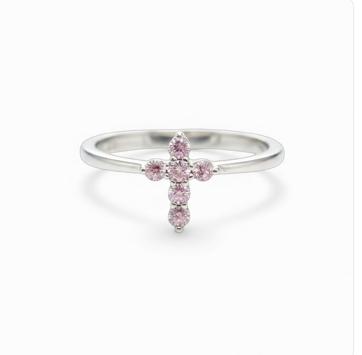 Sterling Silver Cross Pink CZ Ring-AE-82