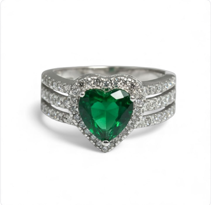 Sterling Silver Emerald Heart CZ Ring-AE-29