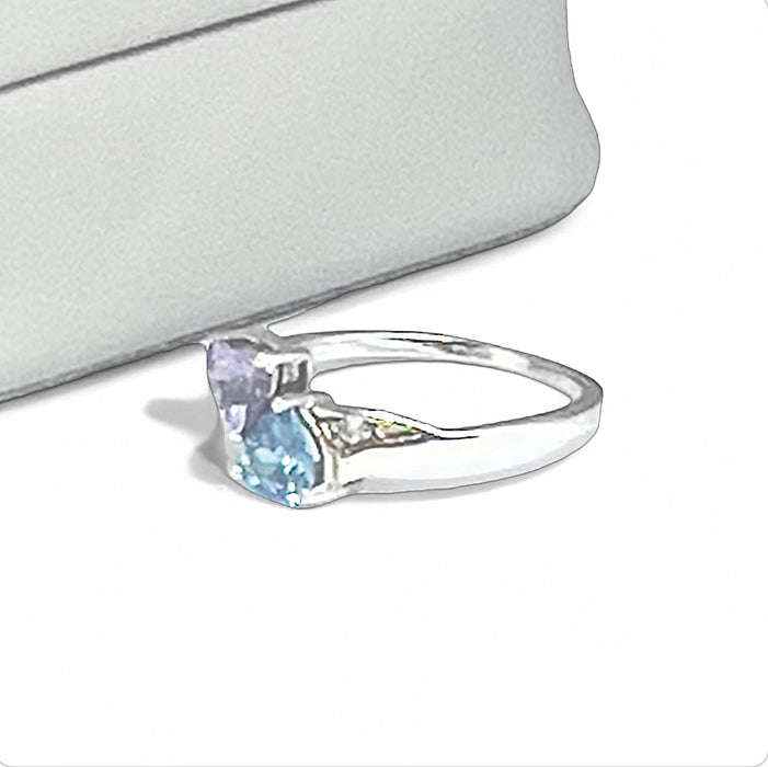 Sterling Silver Double Heart Amethyst CZ & Aquamarine CZ Ring-AE-51