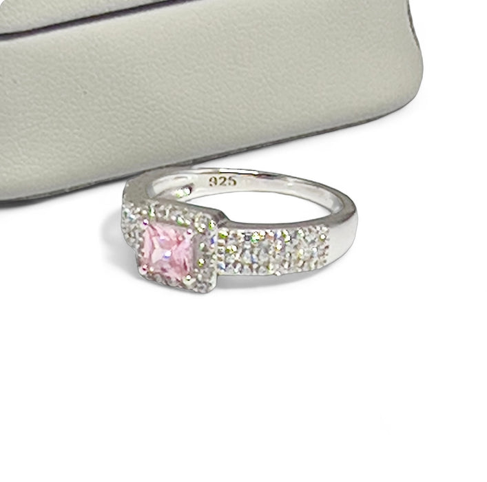 Sterling Silver Pink Princess Cut CZ Ring-AE-93