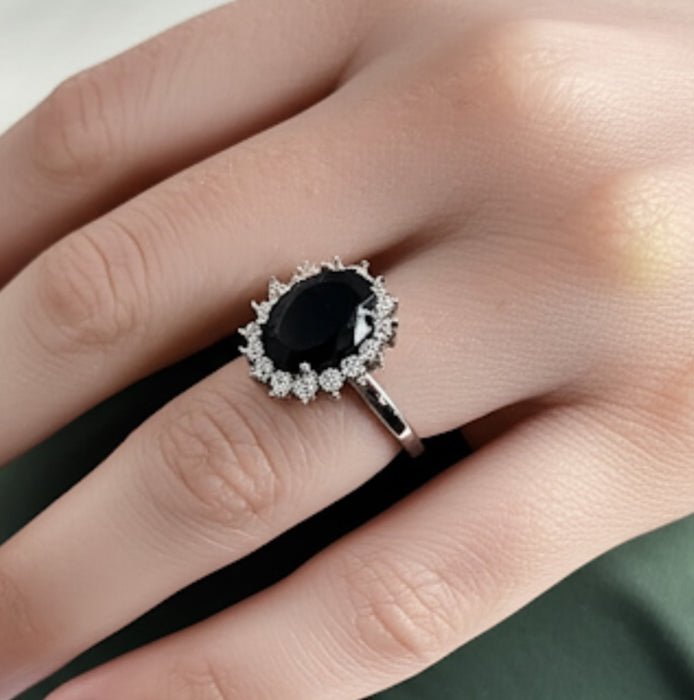 Sterling Silver Black Oval CZ Ring-AE-92