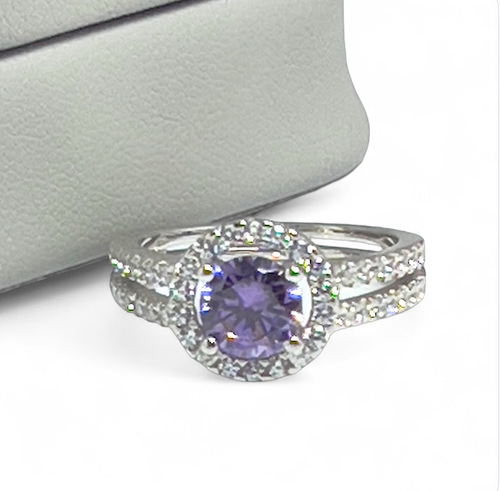 Sterling Silver Round Amethyst Halo CZ Ring-AE-107