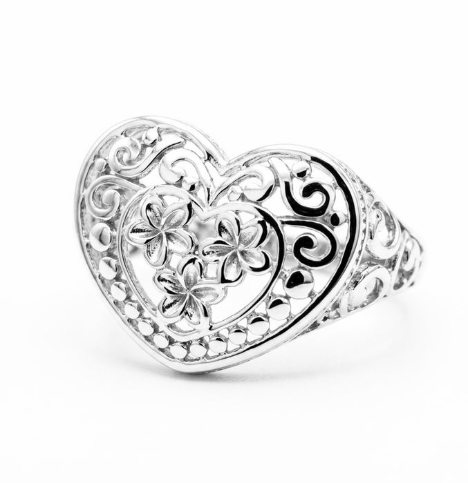 Sterling Silver Heart-Shaped Flower Ring-SR-13