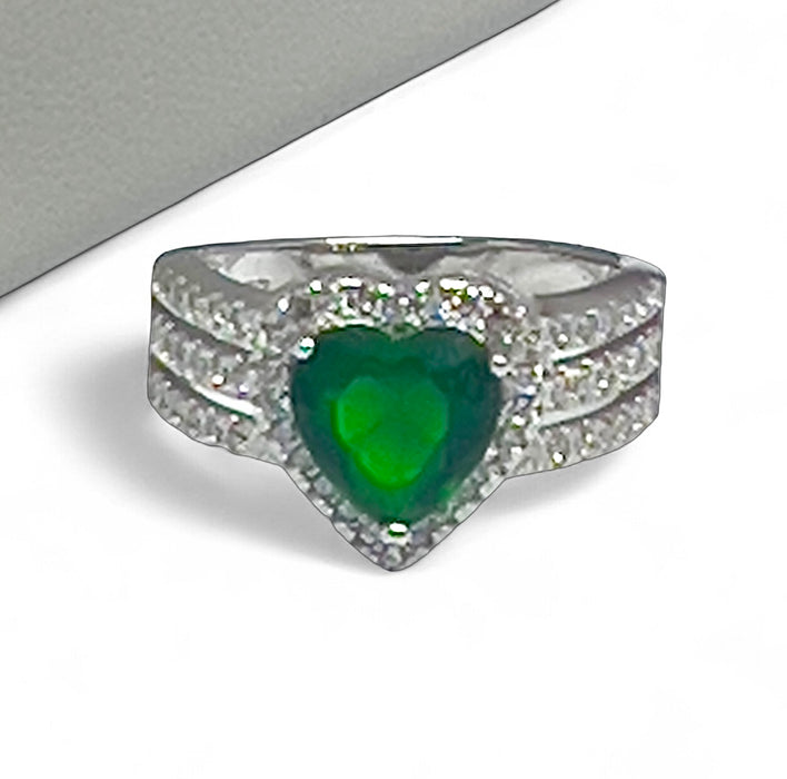 Sterling Silver Emerald Heart CZ Ring-AE-29