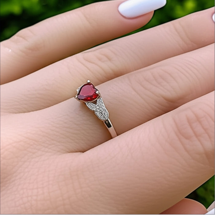 Sterling Silver Filigree Heart Promise Ring with Simulated Ruby - AE-116