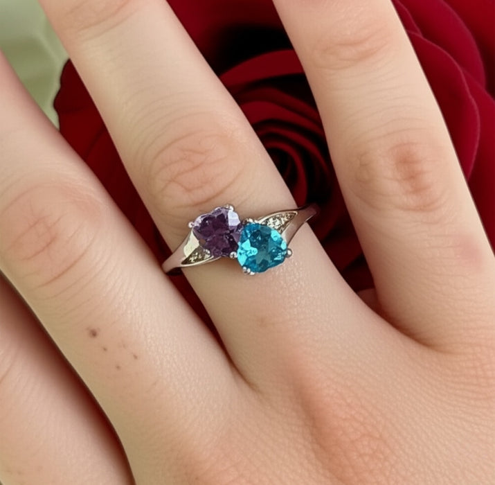 Sterling Silver Double Heart Amethyst CZ & Aquamarine CZ Ring-AE-51