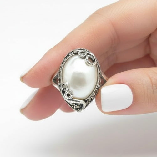 Sterling Silver Pear Shape Mother of Pearl Marcasite Ring-AE-89