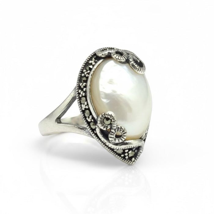 Sterling Silver Pear Shape Mother of Pearl Marcasite Ring-AE-89