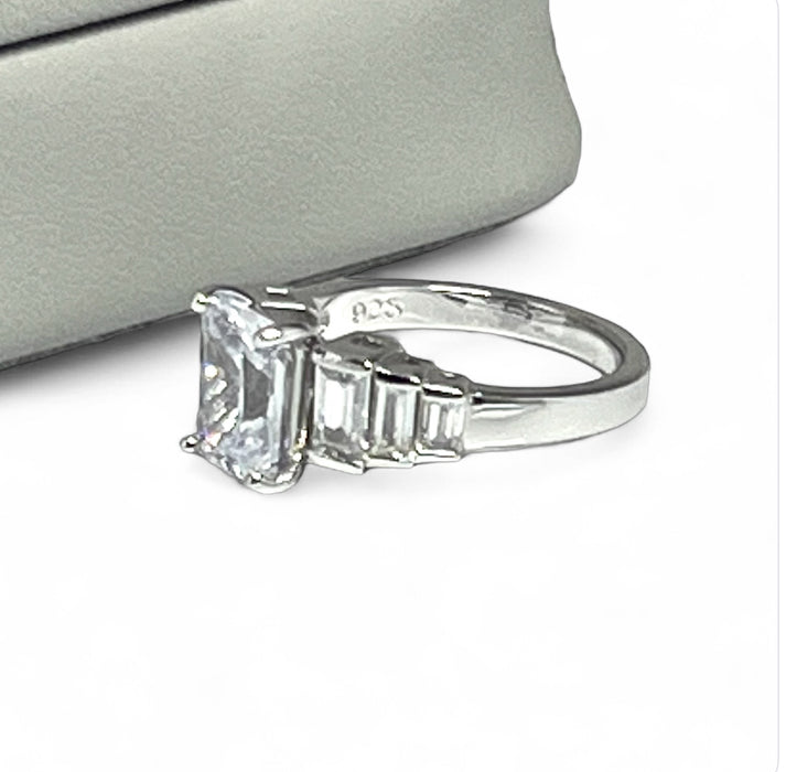 Sterling Silver Emerald-Cut Engagement CZ Ring -ER -24